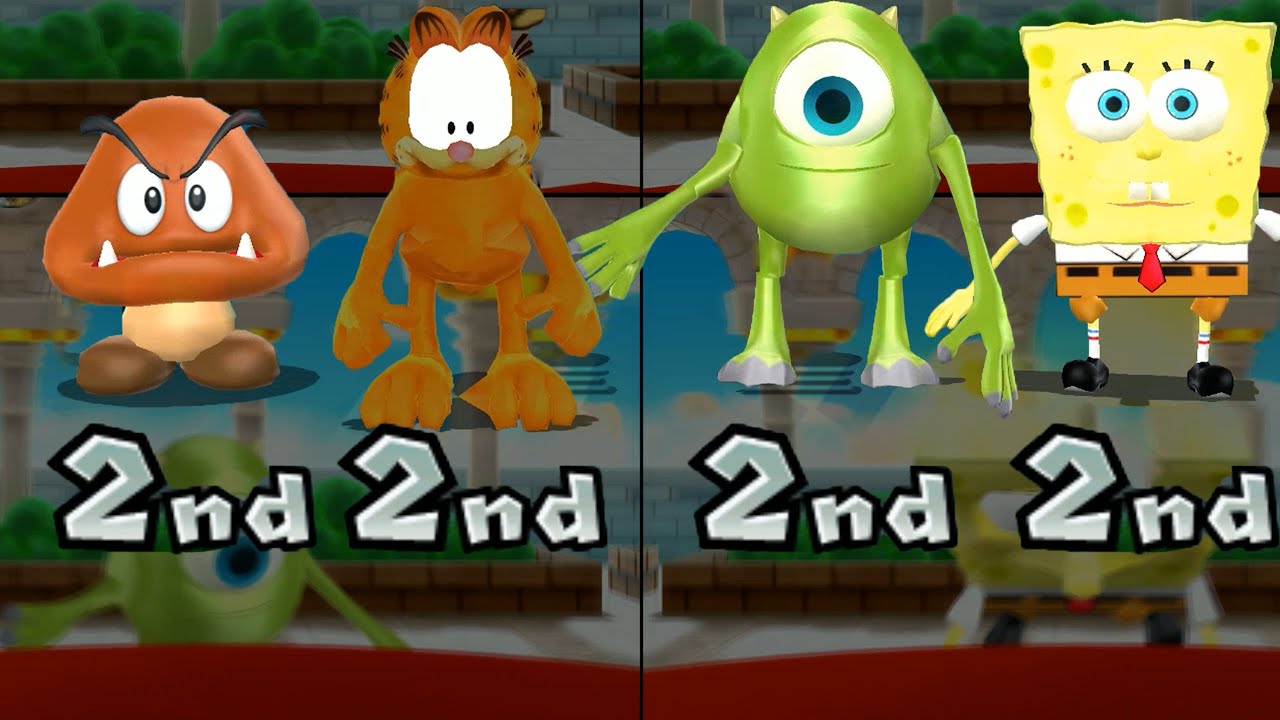 Mario Party 9 - Goomba Vs Mike Wazowski Vs Garfield Vs Spongebob (Minigames)