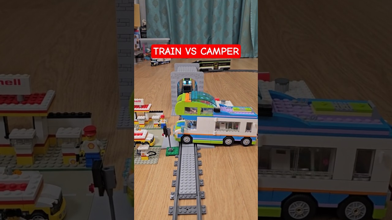 LEGO train vs camper - CRASH at the crossing! 🚂