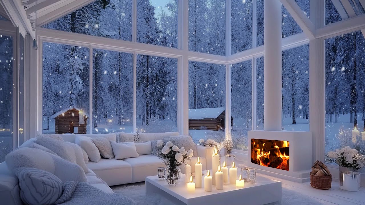 🕯️🎹 Warm Cozy Piano Lounge | Winter Fire, Snowfall & Flowers For 4 Hours | Meditation Sleep Calm