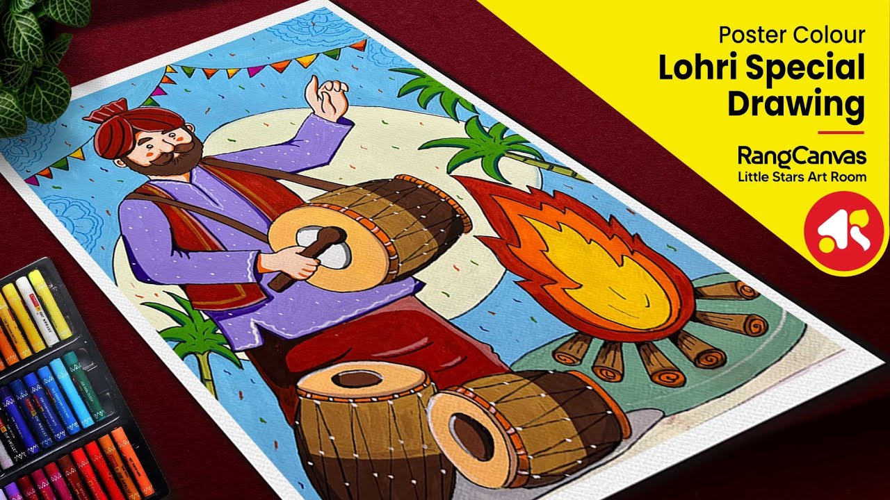 Lohri drawing | Lohri drawing easy | Lohri drawing with poster colour | Happy Lohri drawing