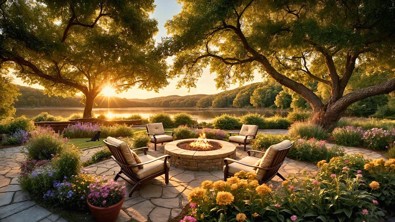 Sunrise Serenity at Lakeside Garden: Peaceful Morning Views and Fire Pit Ambiance
