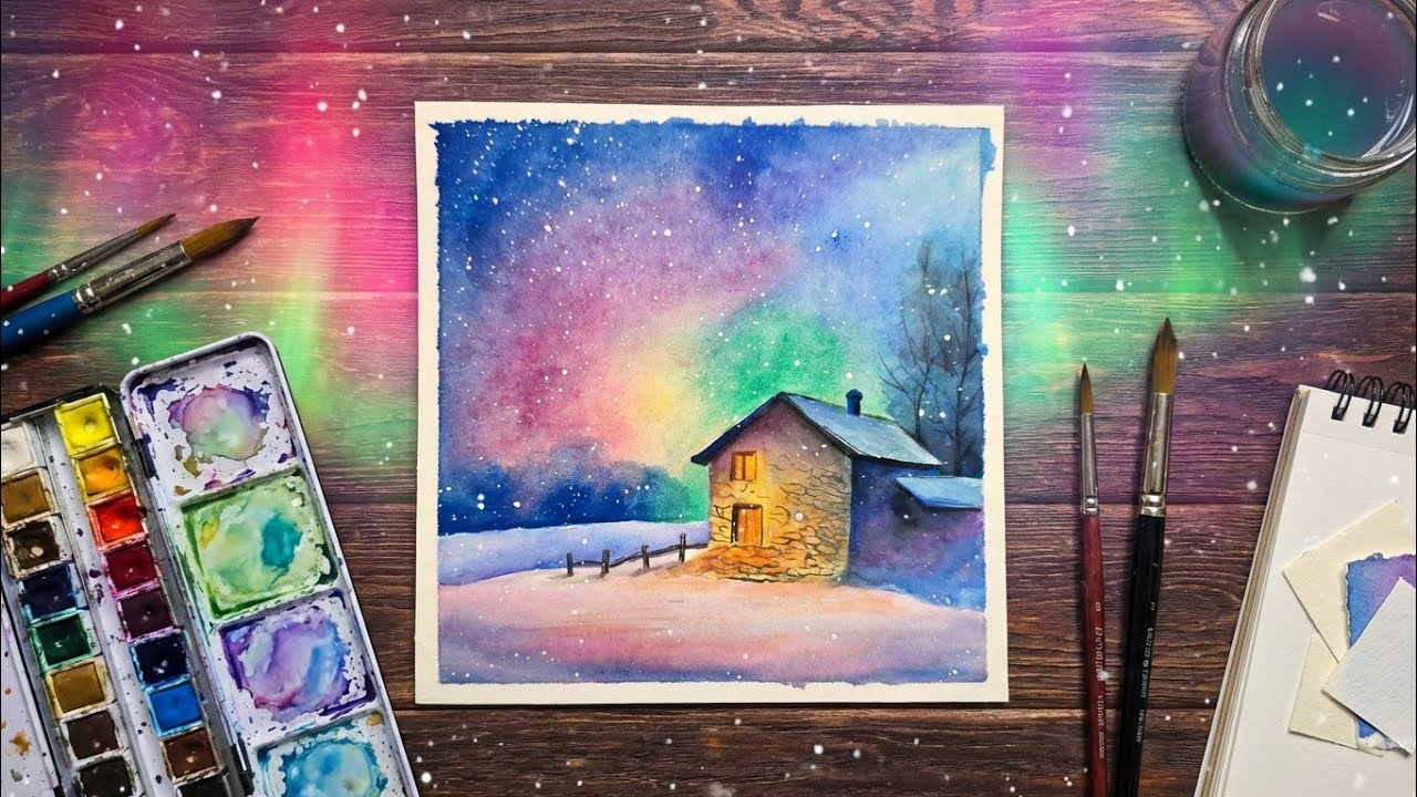 Aurora Borealis Painting with Watercolor/Easy Snowy Night Scene with Watercolor🎨