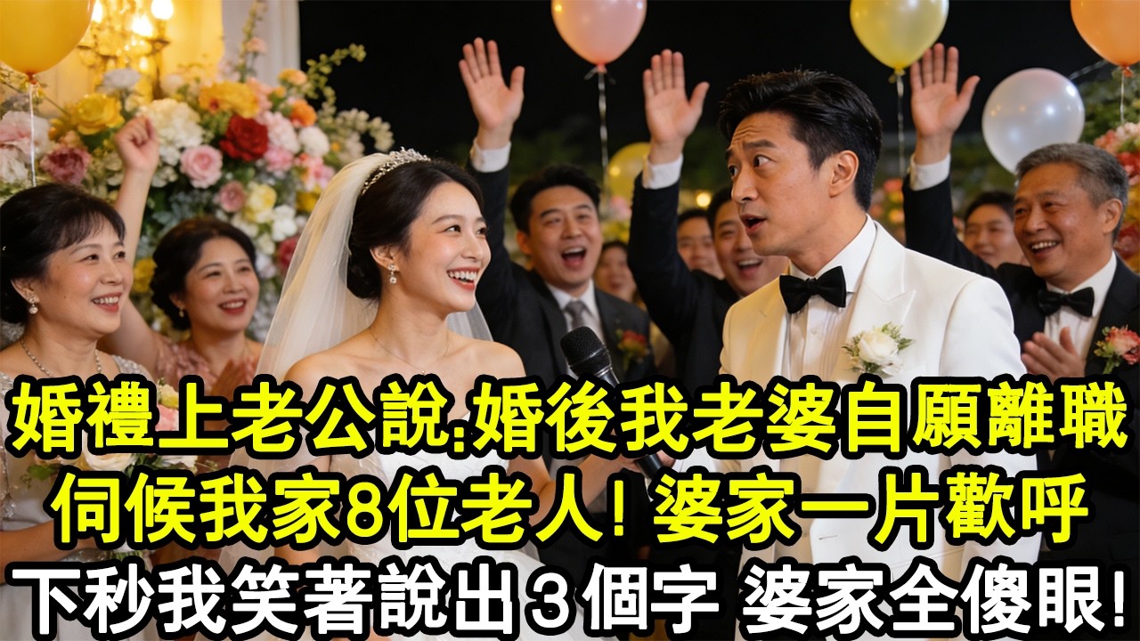 婚禮上老公奪過麥克風說：我老婆自願婚後離職，贍養我家8位老人，吃喝拉撒她全伺候！婆家一片歡呼，司儀滿臉尷尬問我是否同意，我笑著說出三個字，老公傻眼了！#家庭故事 #生活經驗 #為人處世