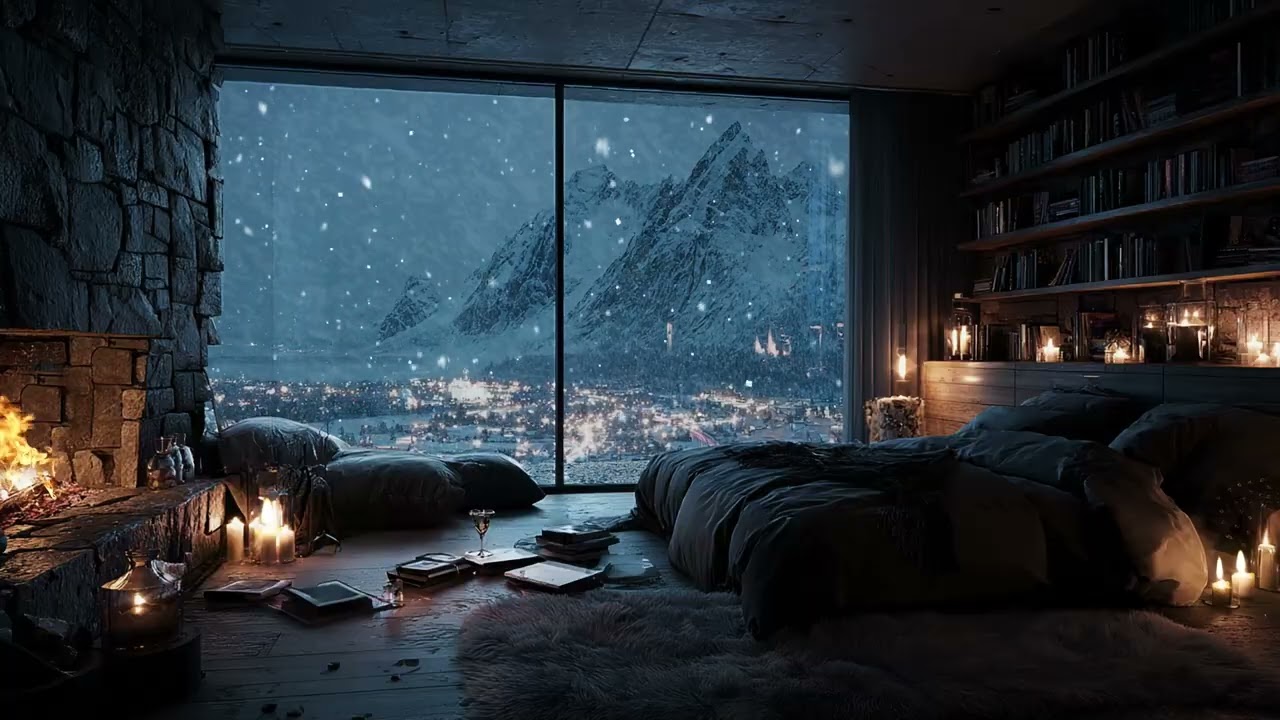Dreamy Lofi Ambience with Snowfall, Crackling Fireplace and Soft Wind Sounds for Restful Sleep