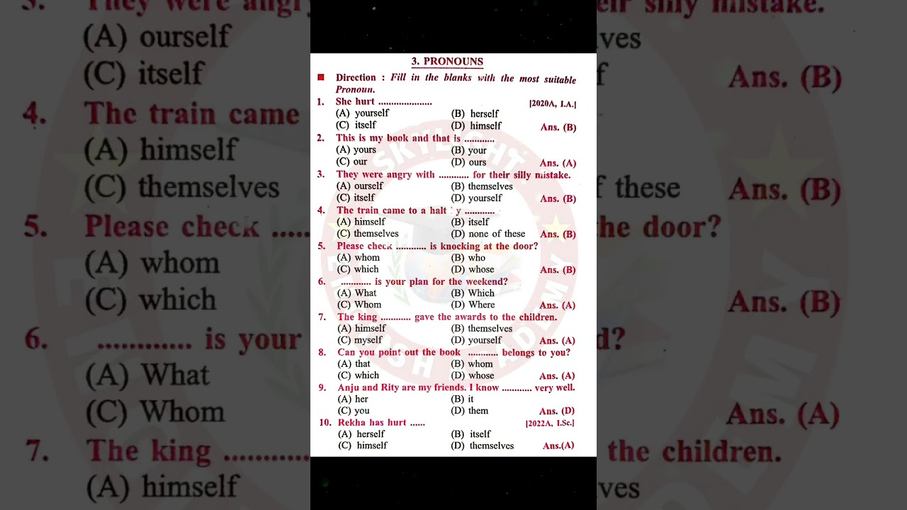 Pronoun Important objective questions | Class 12 English Grammar | #shorts #class12english #pronoun