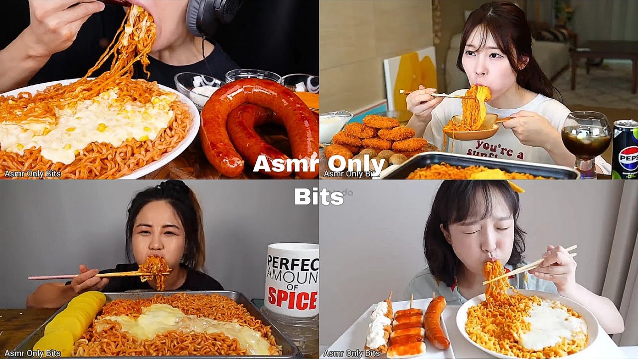 ASMR Spicy Cheesey Noodles Compilation//Compilation///no talking/Bites only//asmr Mukbang//asmr food