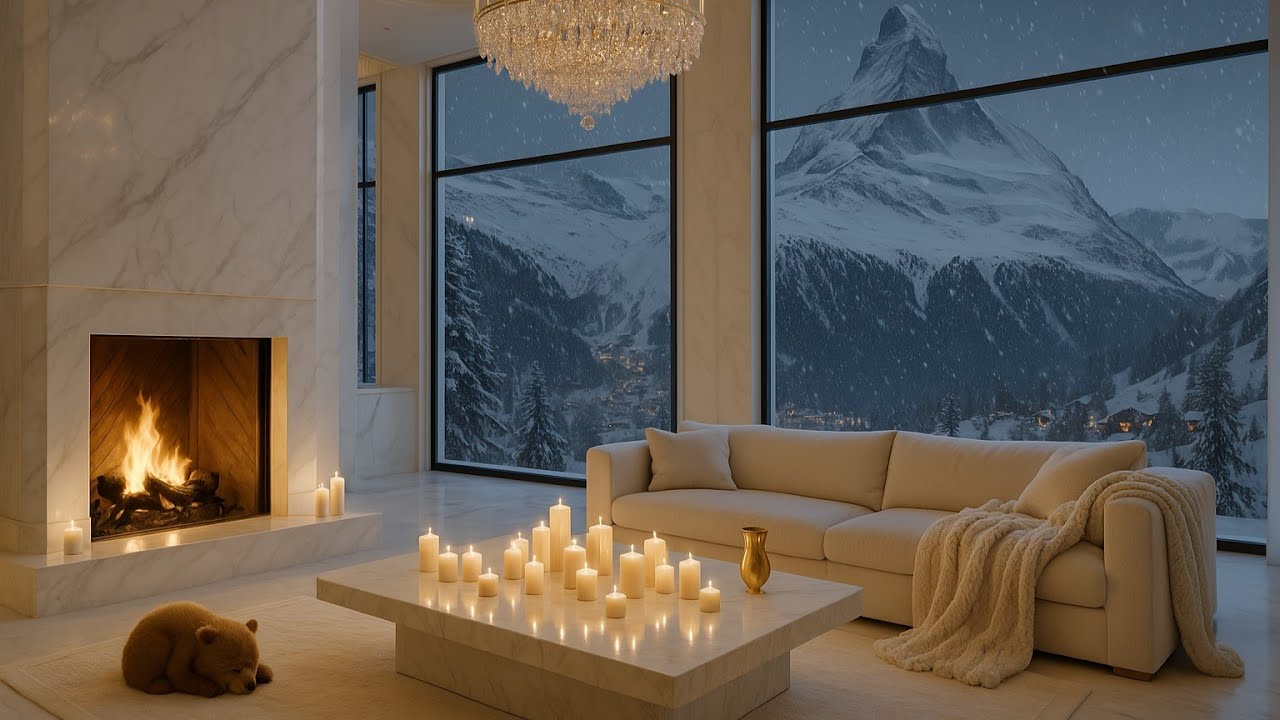 LIVE 24/7 &bull; Cozy Matterhorn Chalet Ambience 🐻❄️ Fireplace, Winter Storm, Soft Jazz for Sleep & Focus