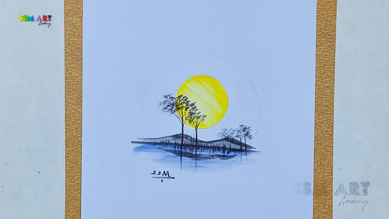 Easy Sunset Landscape Drawing Tutorial for Beginners | SSM Art