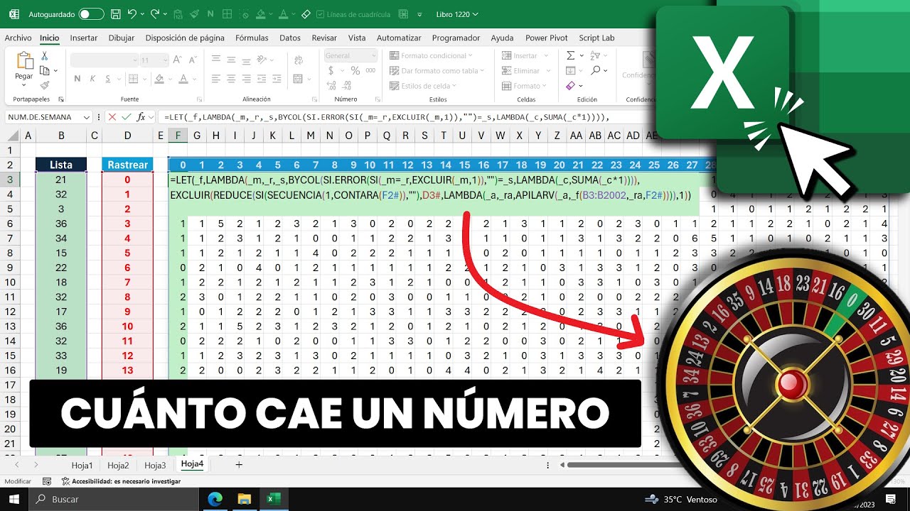 Cuántas veces cae un Número en la Ruleta Americana (Cálculo con Excel)