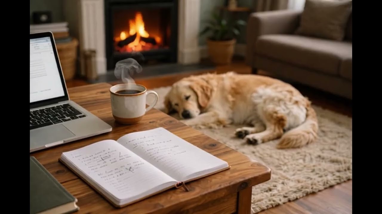 Concentration Writing Room With A Golden Retriever, Coffee, And Crackling Fireplace (AD FREE)