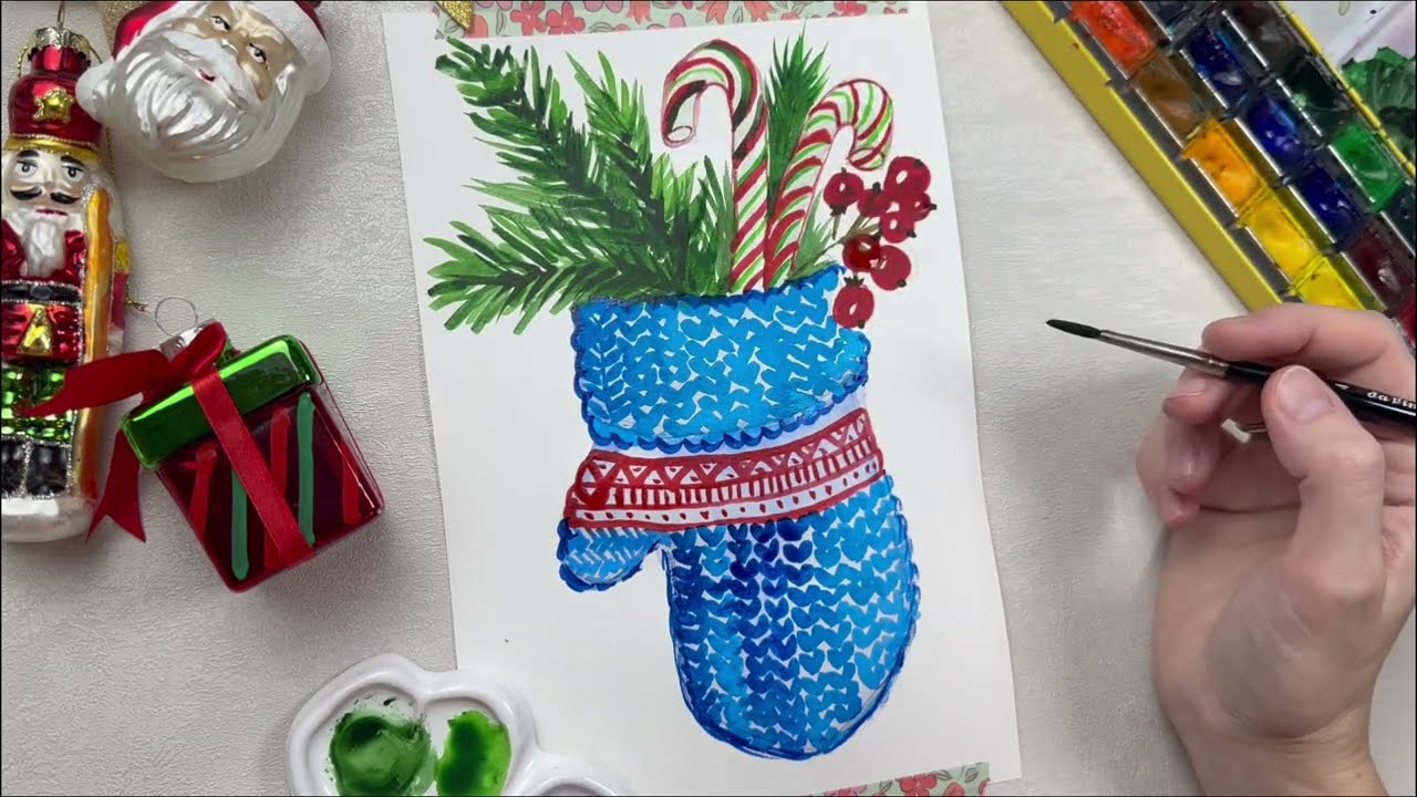 Как нарисовать новогоднюю варежку. Лёгкий зимний рисунок | How to Draw a Christmas Mitten Easy