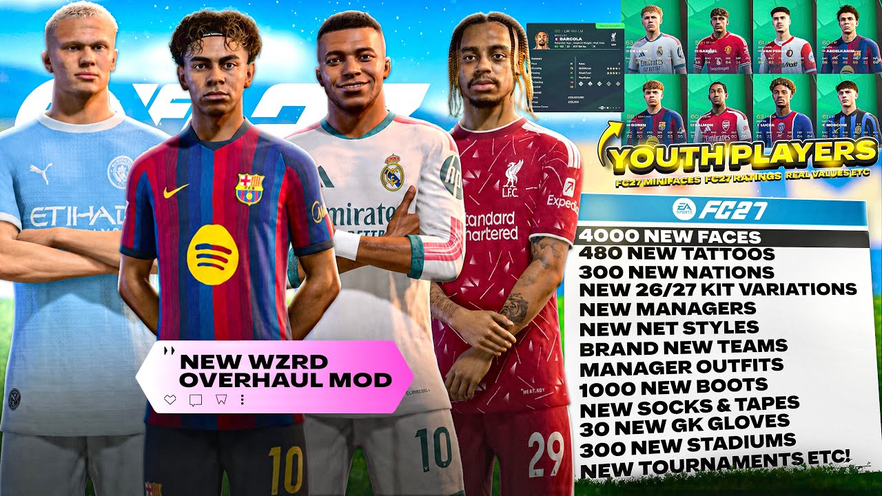 EA FC 27 MOD 4000+ NEW FACES & FC27 MENUS [TRASNFERS, 26/27 KITS, WORLD CUP, RATINGS, BOOTS, TATOOS]