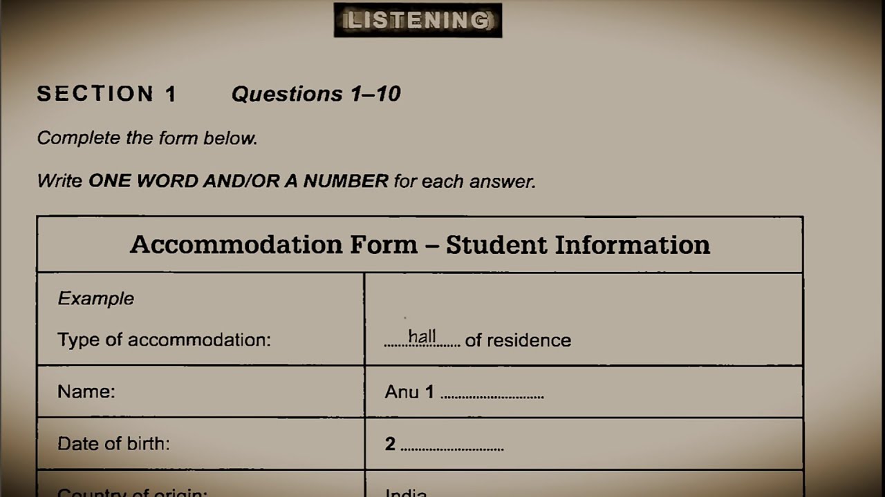 Accommodation Form student information ielts listening (Hd Audio) 1080p