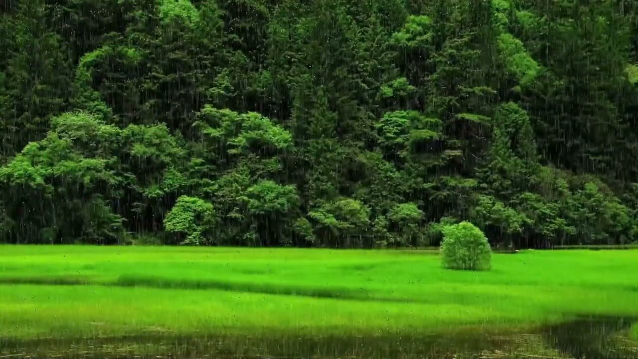 Relaxing soundscape of rain and a relaxing lush green landscape of field and trees