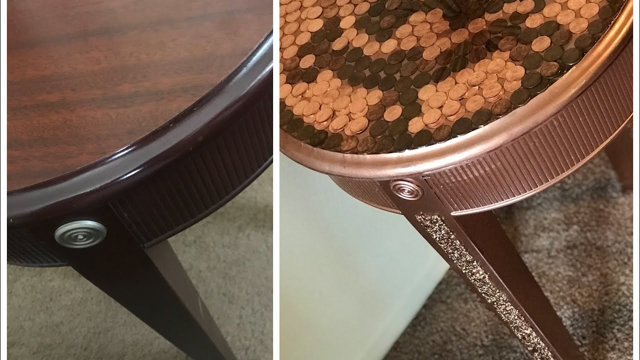 DIY HOME DECOR PENNY TABLETOP/REVAMPED COFFEE TABLE/PENNY ART/DIY EPOXY RESIN PENNY TABLE