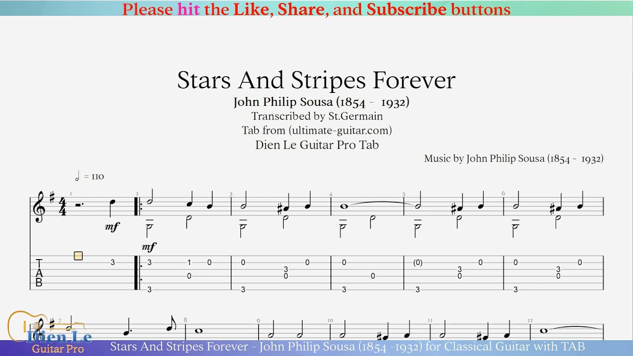 Stars And Stripes Forever - John Philip Sousa (1854 -1932) for Classical Guitar with TAB