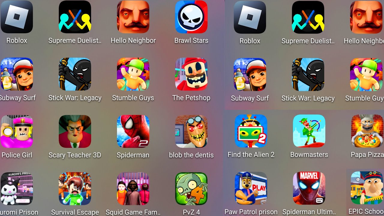 Grimace Monster Scary Survival,Kuromi's Prison,Bob the Dentist,Barry's Police Girl,Amazing Spiderman