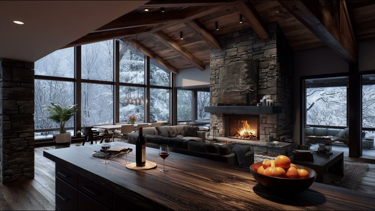 Winter Cabin Fireplace ❄️🌙 | Snowy Window Night & Silent Calm (3 Hours)