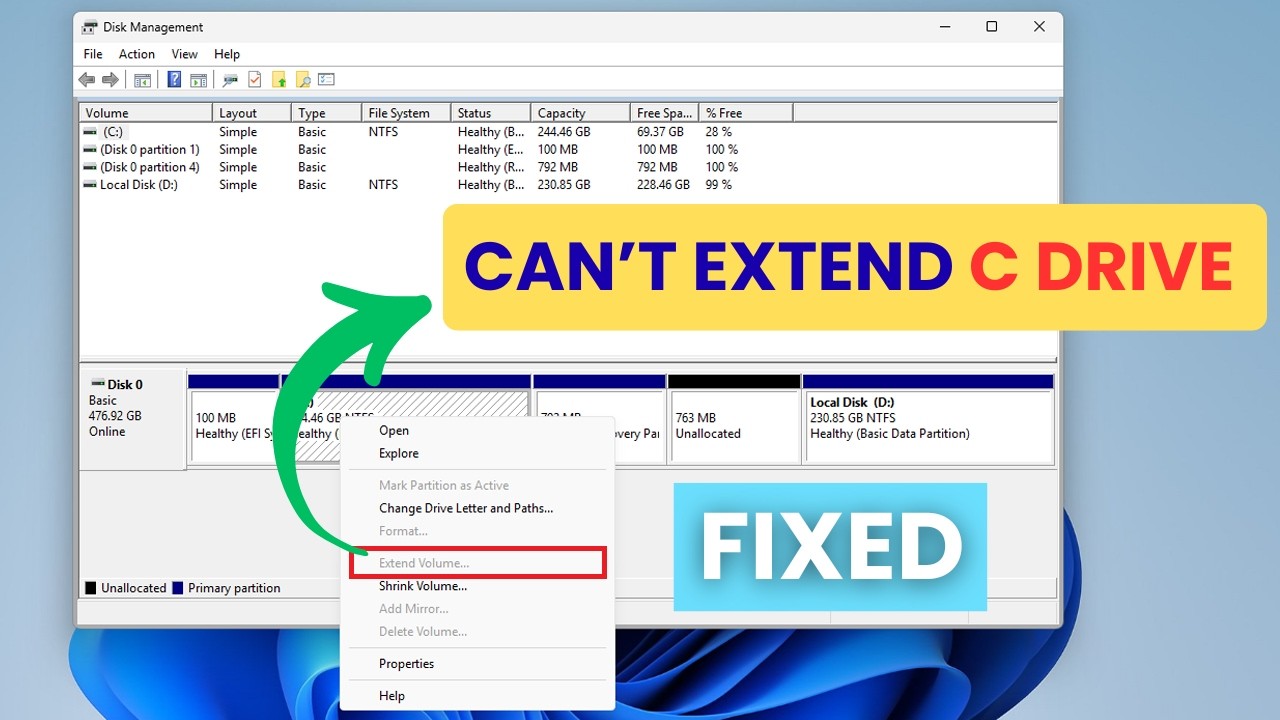 Невозможно расширить диск C с помощью нераспределенного пространства в Windows 11/10 (исправление...