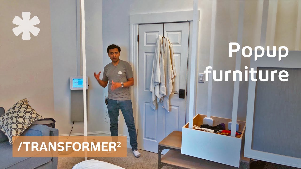 Transformer furniture hidden on ceiling deploys by command