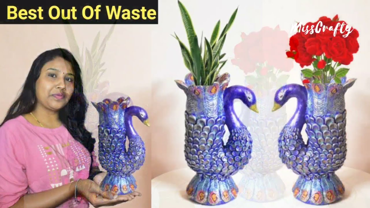 Amezing peacock showpiece craft ideas / Peacock flower pot / plastic oil bottle reuse ideas  / diy