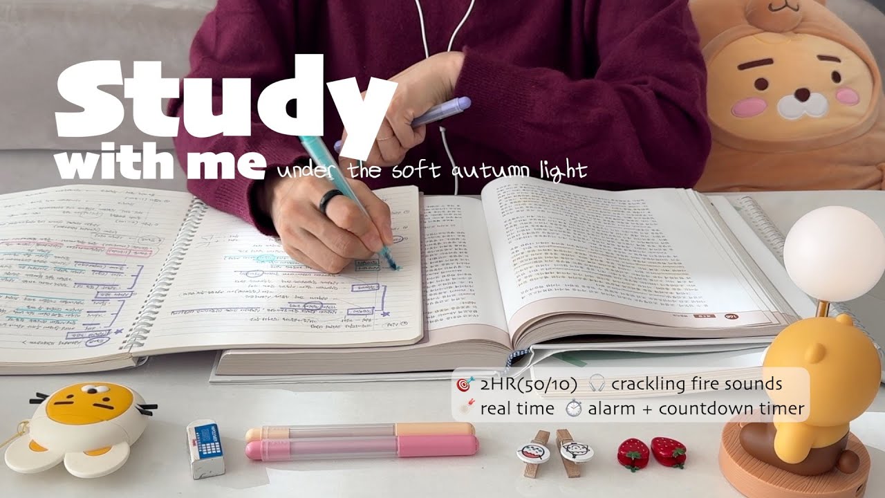 🧸2HR STUDY WITH ME(50/10)ㅣ🔥crackling fire soundsㅣpomodoro with timer