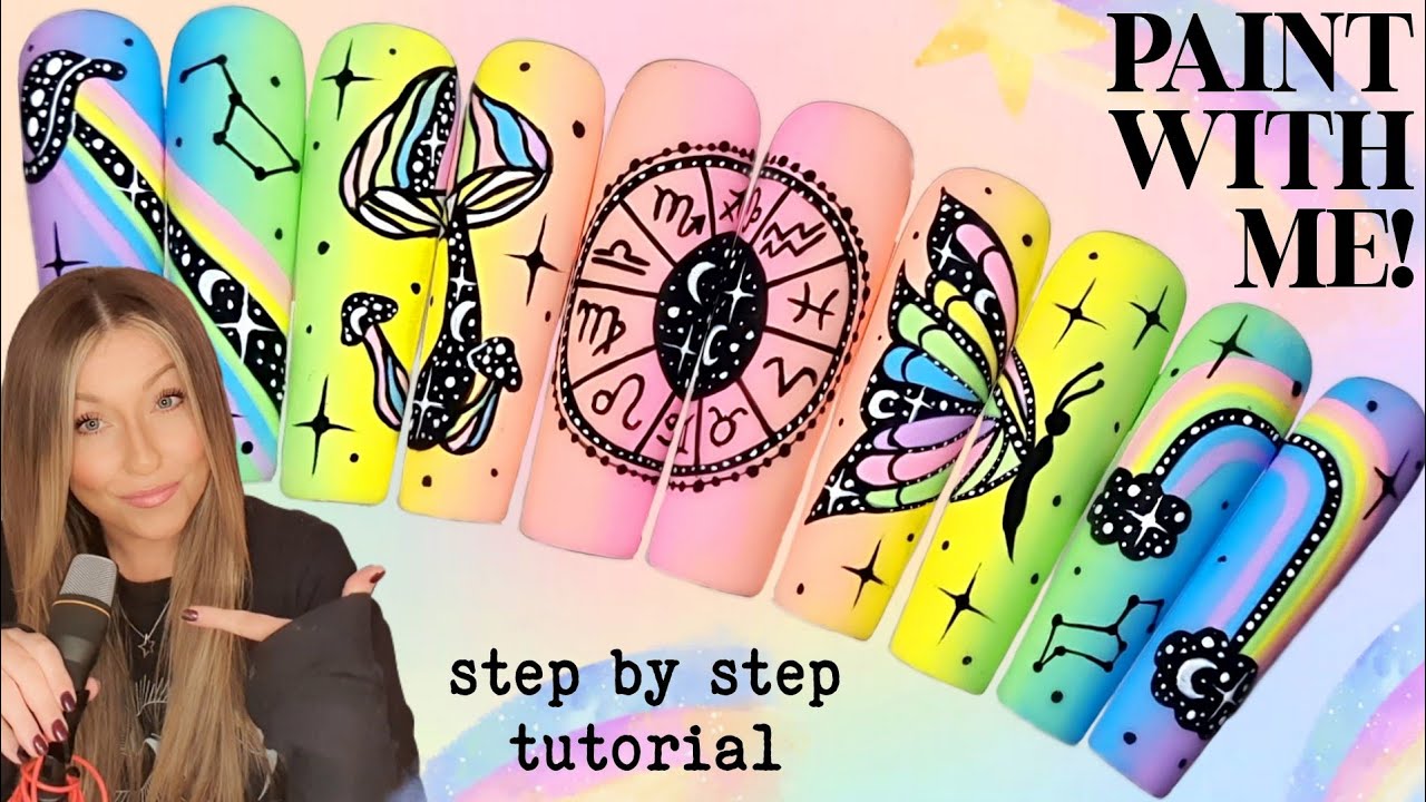 🌈 Cosmic Rainbow Zodiac Nails | Spring Summer | Ombre Butterfly UFO Mushroom Galaxy Nail Art Design