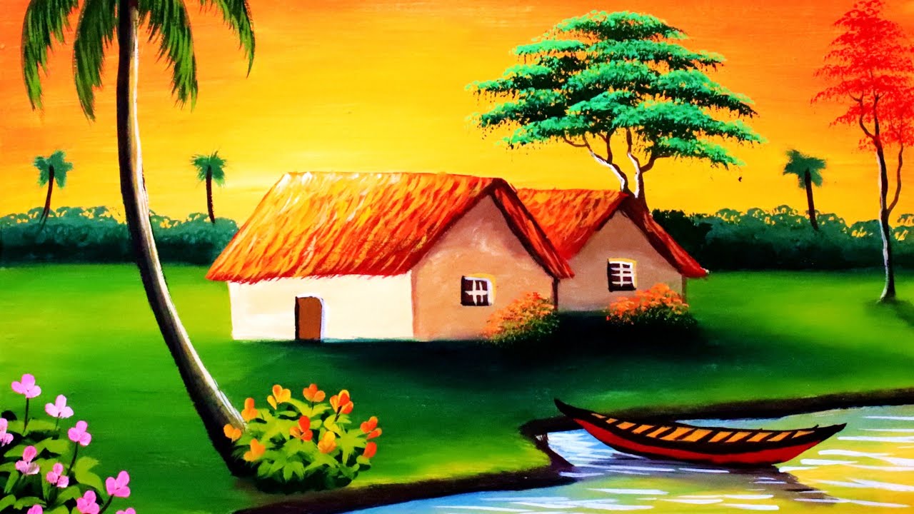 How to paint village scenery | Sunset Village drawing and painting | nature scenery drawing