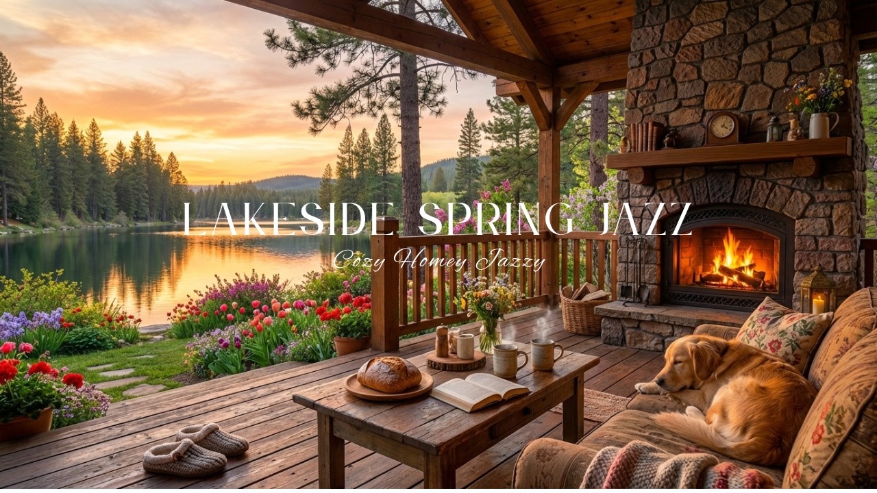 🌷 Lakeside Spring Jazz (NO MID-ROLL ADS) Cozy Fireplace Ambience For Relaxation & Study