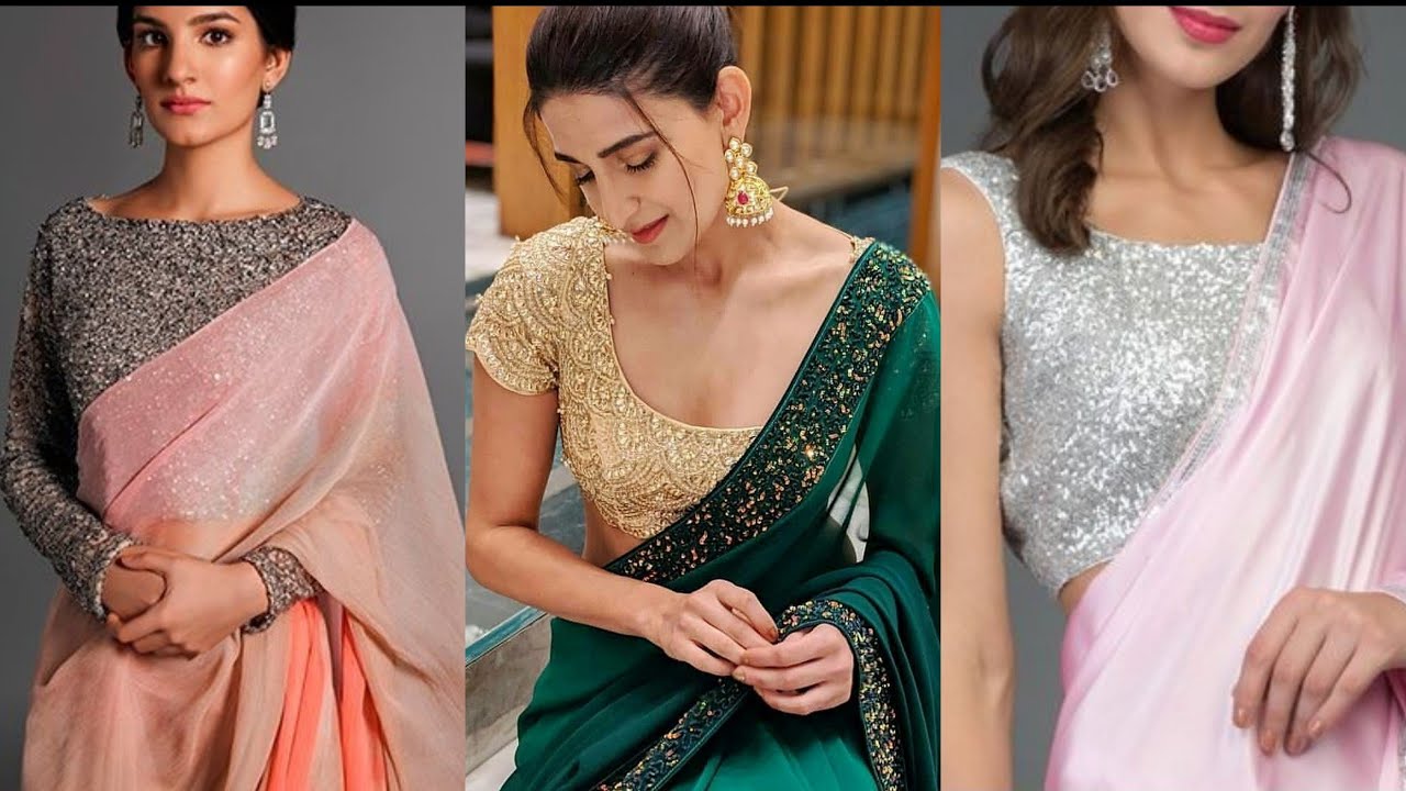 Partywear plain saree with sequined blouse design ideas