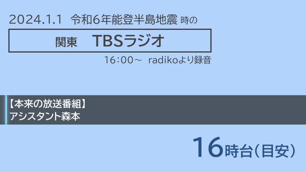 TBSラジオ報道特番　令和6年能登半島地震（2024.1.1 16:00～22:00　TBSラジオ）
