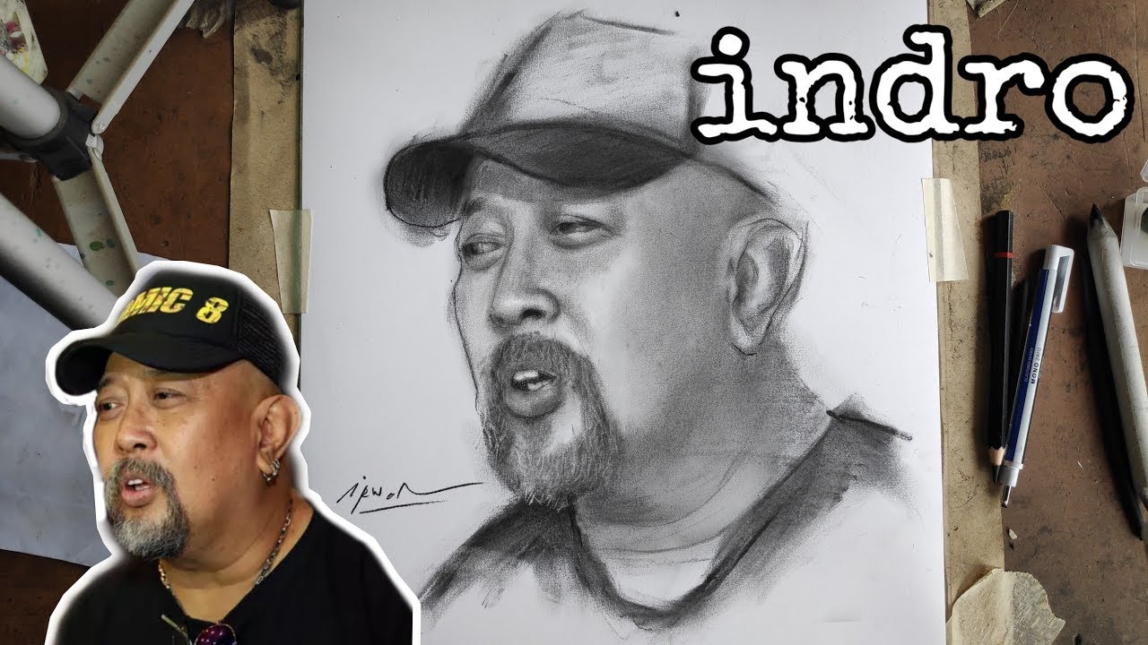 Sketsa wajah INDRO WARKOP menggunakan pensil arang