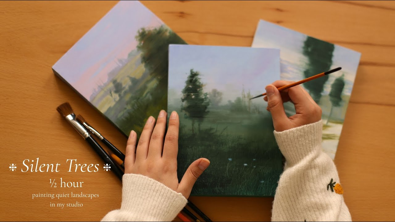 Silent trees 🌲 | 🖌️ half an hour painting quiet landscapes in my studio ❄️🎹