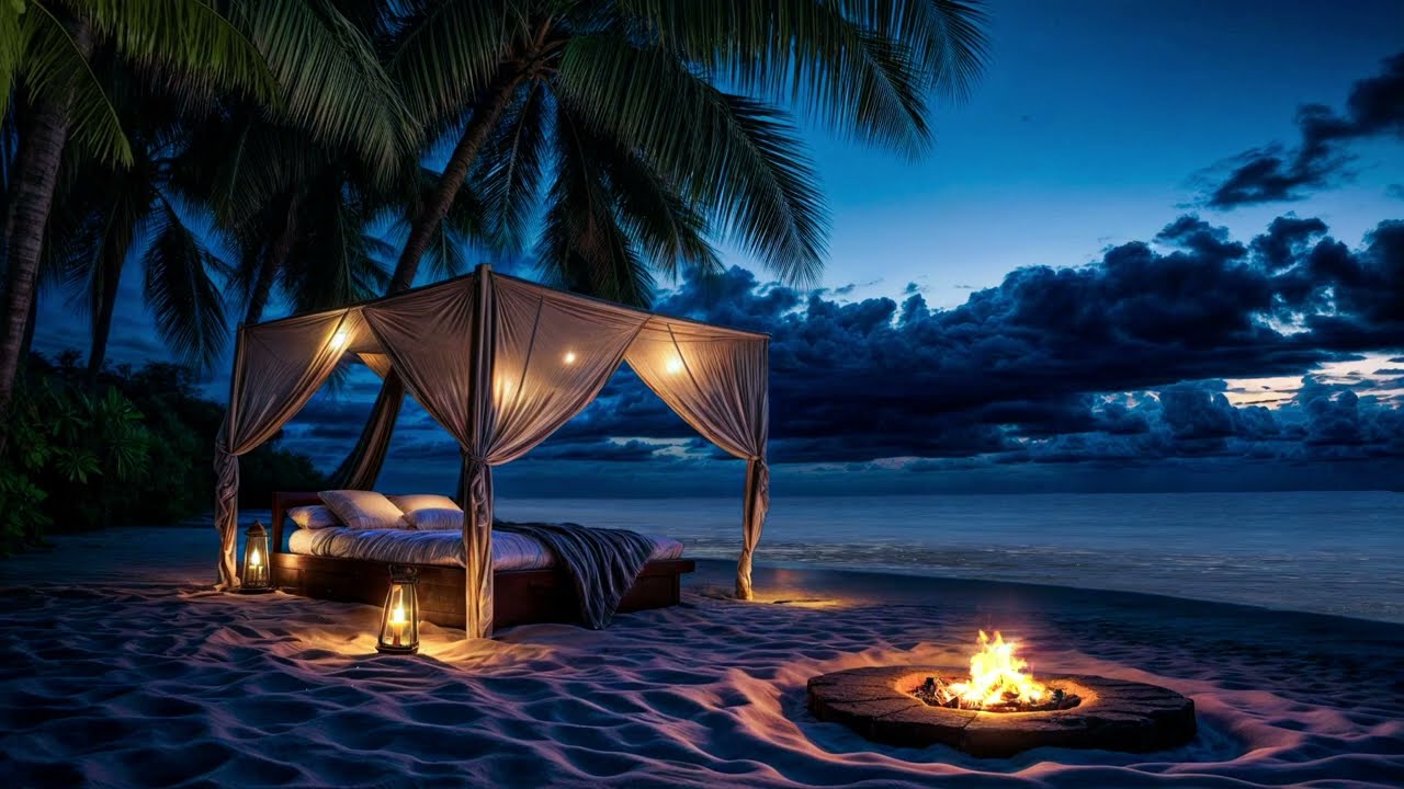 Cozy Moonlit Beach Hut 🔥🌴 | Warm Fire, Calm Ocean Waves & Tropical Night Ambience for Deep Sleep