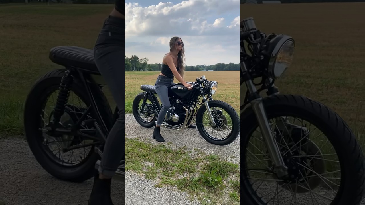 Cafe Racer girl kickstarts a modified Honda CB550F! Sound up!