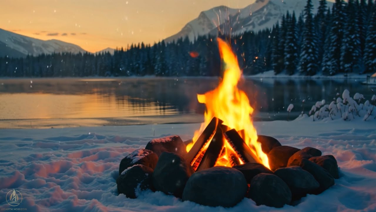Cozy Fireplace by the Lake – Soothing Crackling Fire Binaural Nature Sounds (No Music) 12 Hours / 4K