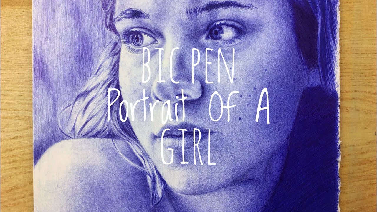Bic Pen Portrait of a Girl | Pen and Ink Drawing | Blue Pen Lapse Tutorial