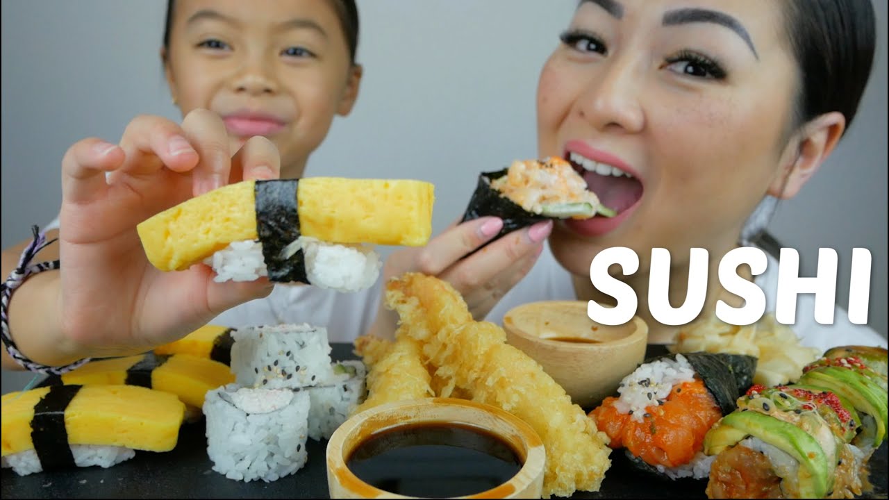 SUSHI Cones, 911 Roll, Shrimp Tempura & Tamago Nigiri Mukbang | N.E Let's Eat