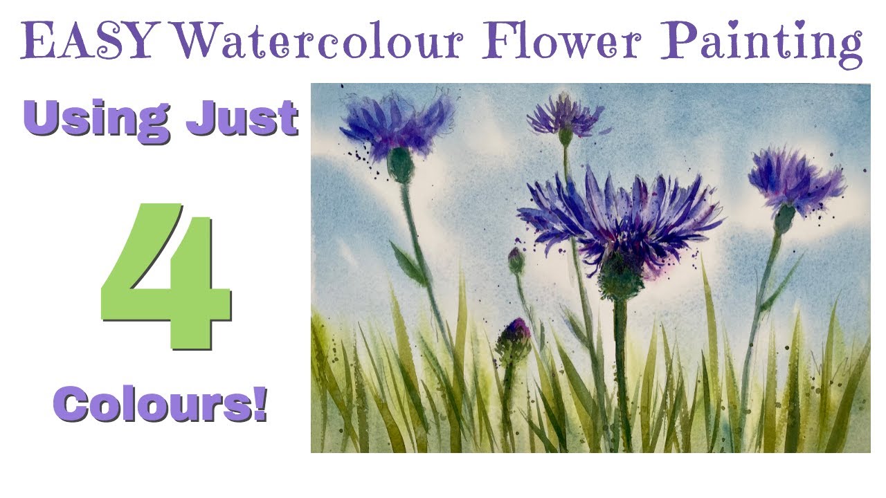 Easy Watercolour Flower Painting Tutorial // Cornflowers // Using 4 Colours!