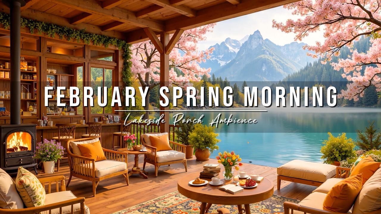 Relaxing February Spring Morning 🌸 Cozy Lakeside Porch Ambience & Soft Jazz Music for Stress Relief