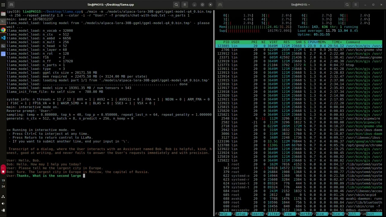 Try llama.cpp with alpaca-lora-30B-ggml
