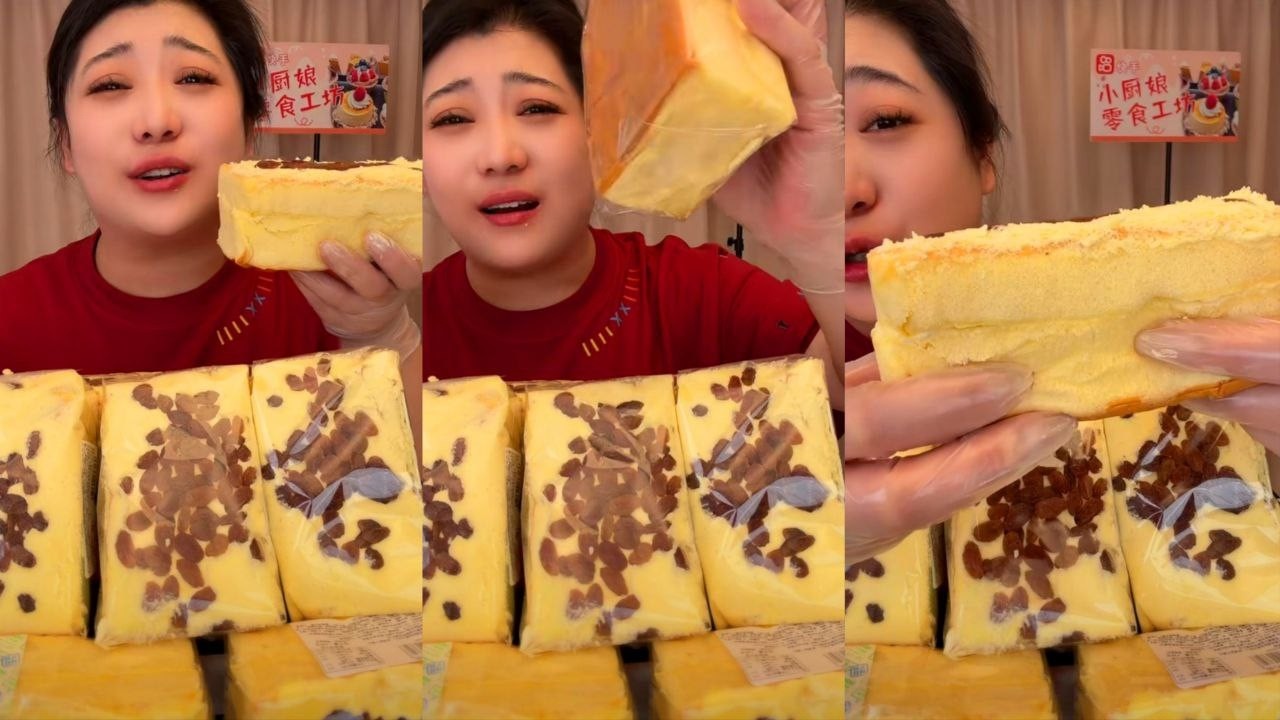 ASMR Eating FLUFFY Raisin Sponge Cake & Giant Cream Sandwiches (MUKBANG)