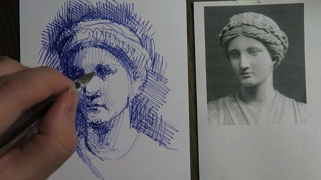 Drawing of an ancient sculpture in ball point.