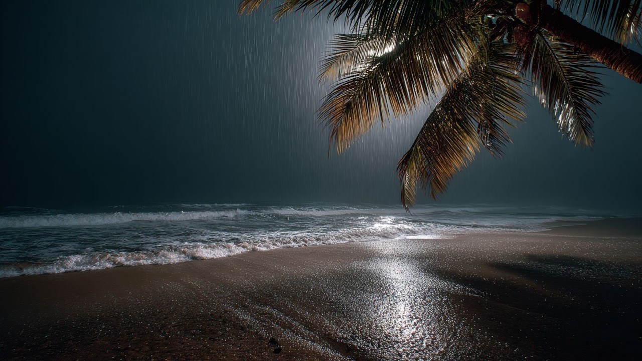 Dark Beach at Night — Soft Ocean Waves and Light Rain for Deep Sleep (No Music • 8 Hours)