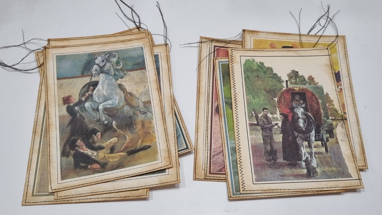 Making journal cards from Readers Digest picture pages and scrap cardboard