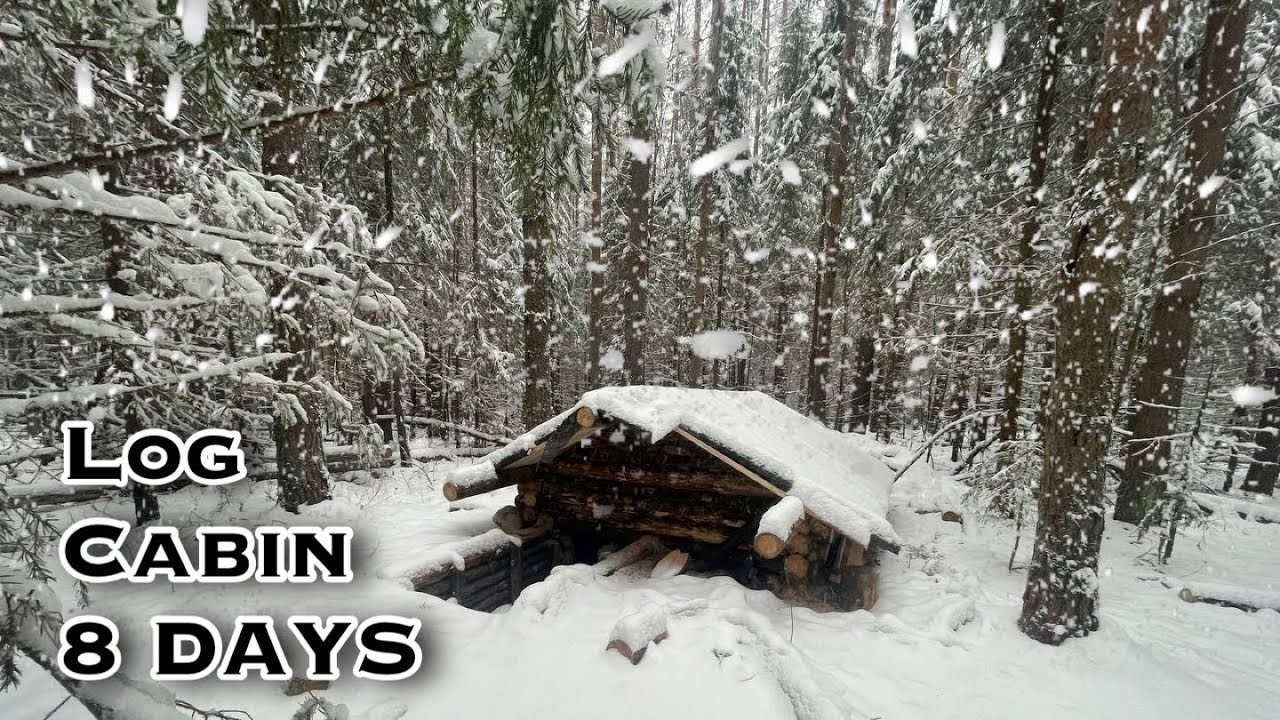 8 days of survival: BUILDING of a Log Cabin UNDERGROUND. Roof, Floor, Stove Heating