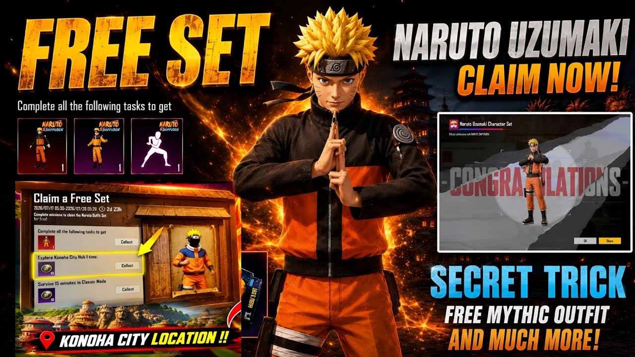 🤯CLAIM A FREE SET EVENT IN BGMI | EXPLORE KONOHA CITY HUB 1 TIME | FREE MYTHIC NARUTO UZUMAKI SET😱
