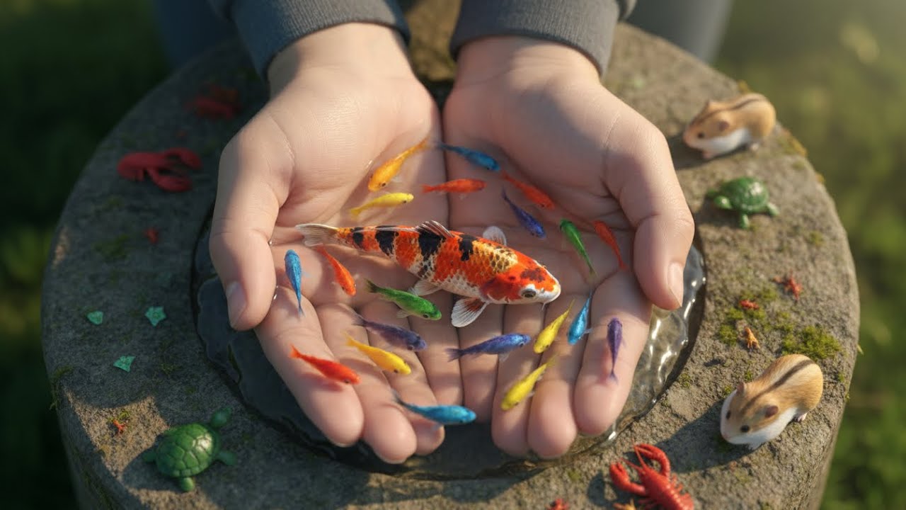 Catch beautiful aquarium fish in small pond baby turtles, pencil fish, guppies blu, iguanas, shrimp.