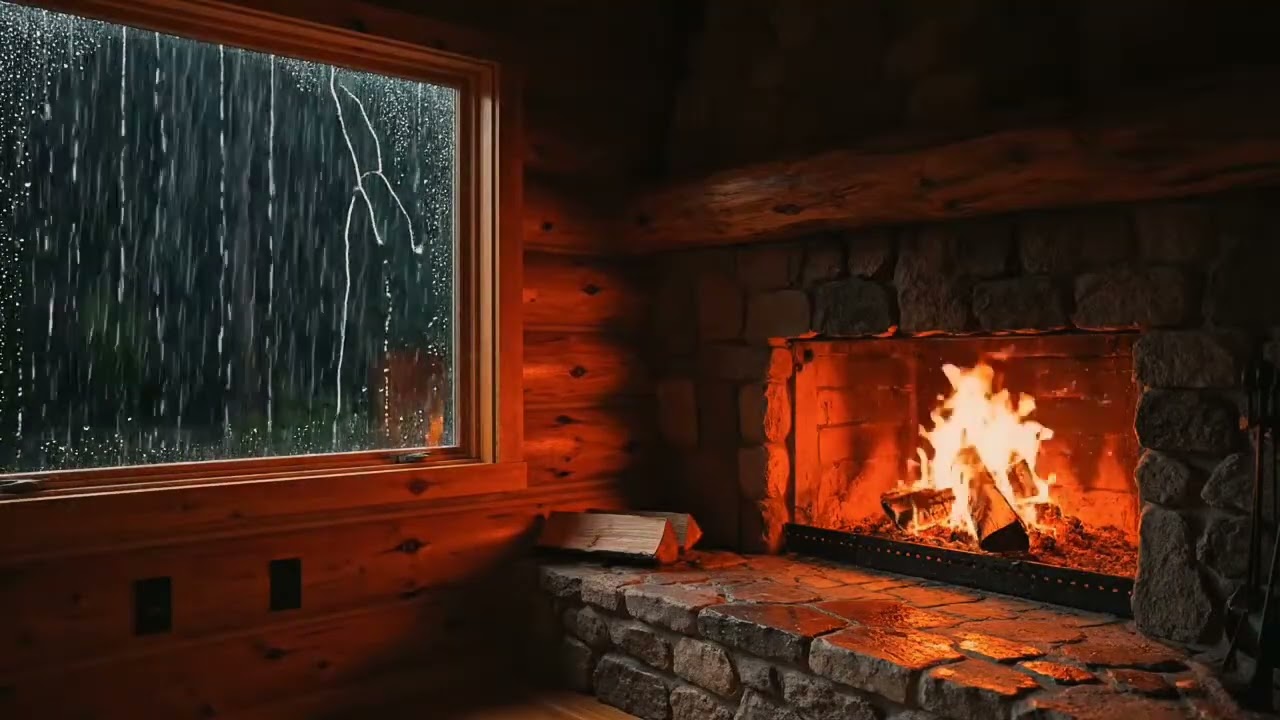 Heavy Rain Outside a Cozy Cabin 🔥🌧️ Fireplace Ambience for Deep Sleep & Relaxation