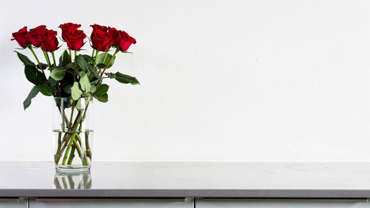 Red Roses in a clear vase offset in a modern setting -  Framed TV Art